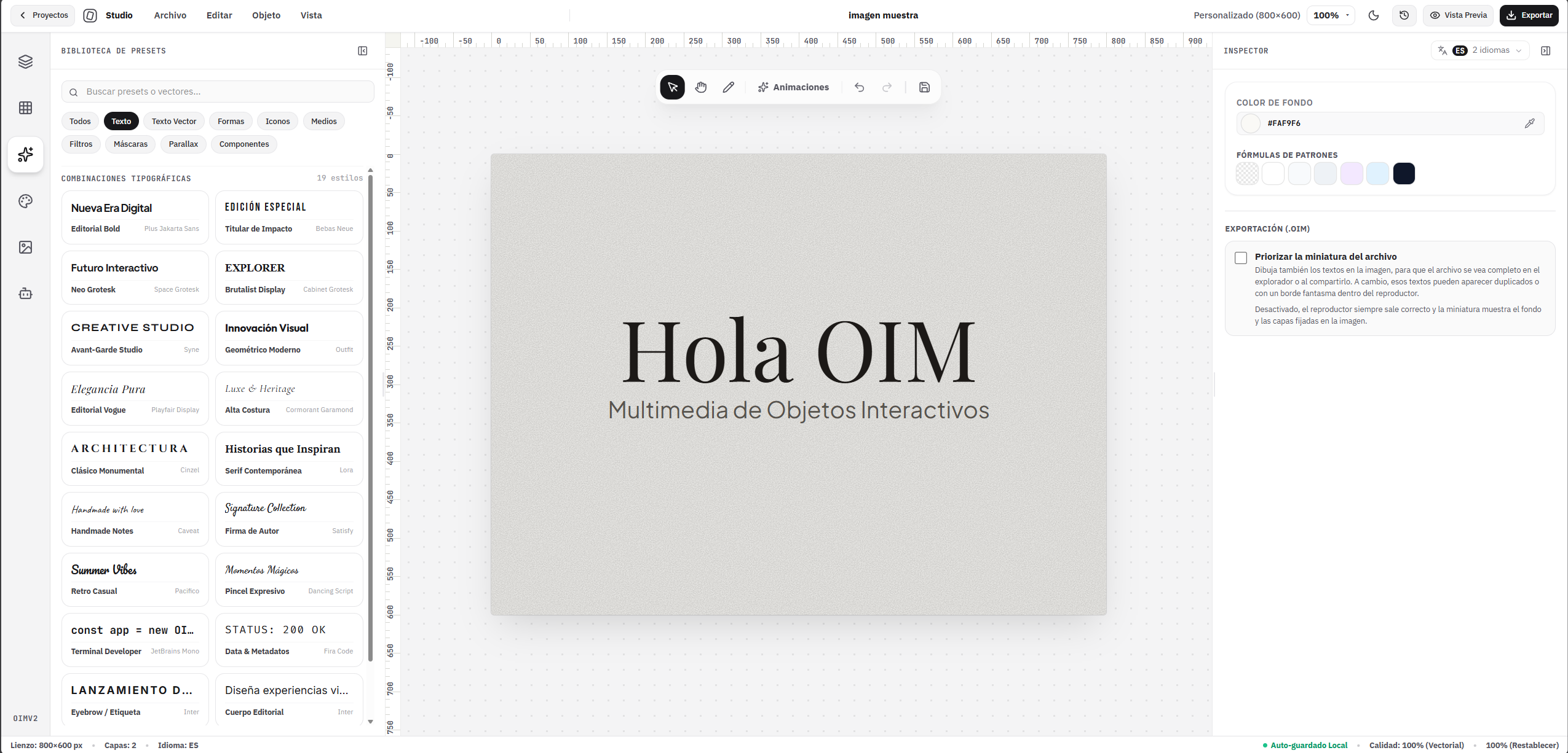 OIM Studio image editor: typographic presets library, canvas with a bilingual text layer and the inspector